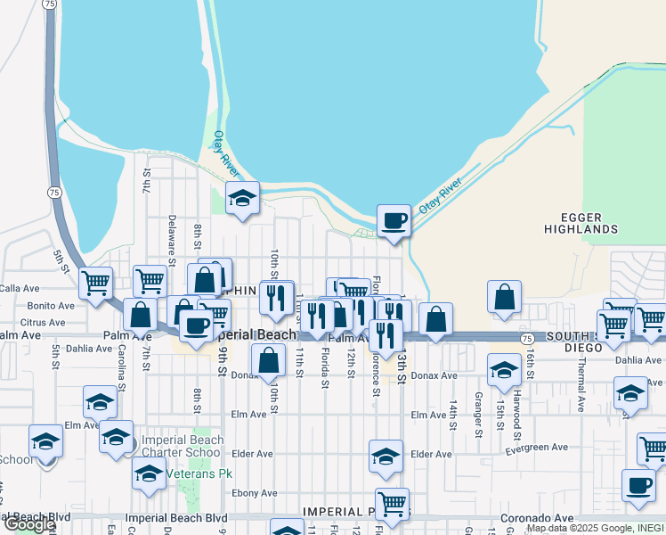 map of restaurants, bars, coffee shops, grocery stores, and more near 557-59 Florida Street in Imperial Beach