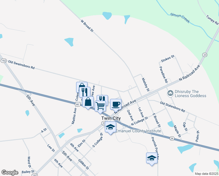 map of restaurants, bars, coffee shops, grocery stores, and more near 143 Old Swainsboro Road in Twin City