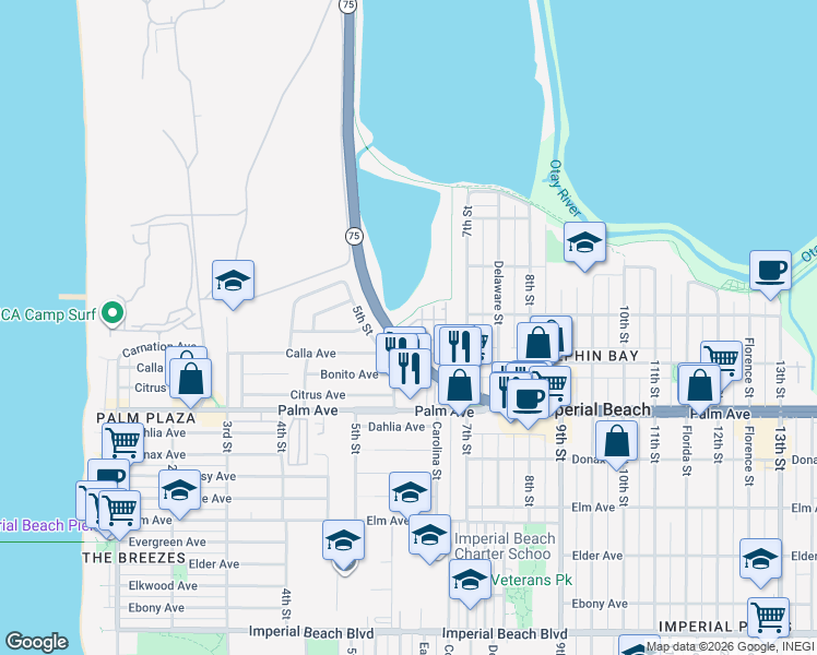 map of restaurants, bars, coffee shops, grocery stores, and more near 511 Pelican Lane in Imperial Beach