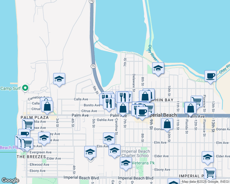map of restaurants, bars, coffee shops, grocery stores, and more near 524 Turnstone Lane in Imperial Beach