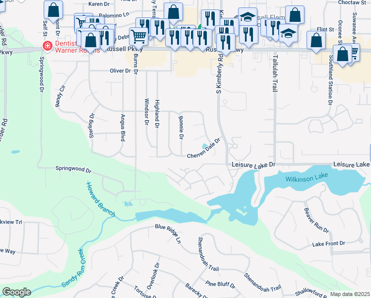 map of restaurants, bars, coffee shops, grocery stores, and more near 134 Cherren Dale Drive in Warner Robins