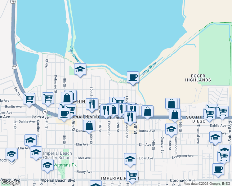 map of restaurants, bars, coffee shops, grocery stores, and more near 558 12th Street in Imperial Beach