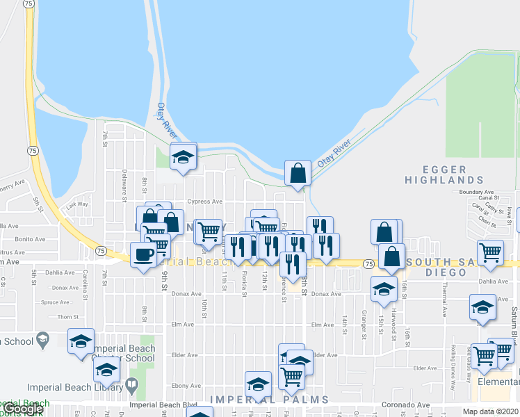map of restaurants, bars, coffee shops, grocery stores, and more near 583 12th Street in Imperial Beach