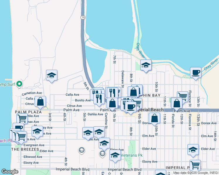 map of restaurants, bars, coffee shops, grocery stores, and more near 580 7th Street in Imperial Beach