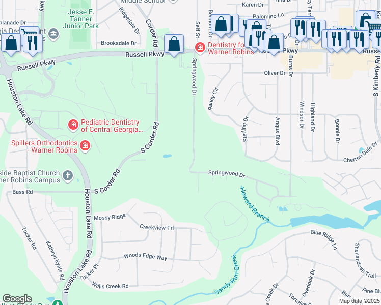 map of restaurants, bars, coffee shops, grocery stores, and more near 400 Springwood Drive in Warner Robins