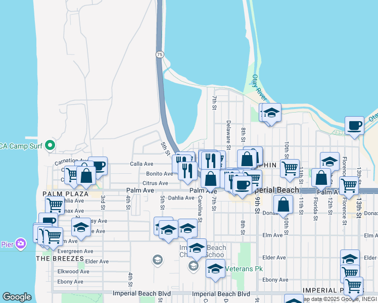 map of restaurants, bars, coffee shops, grocery stores, and more near 511 Lark Way in Imperial Beach