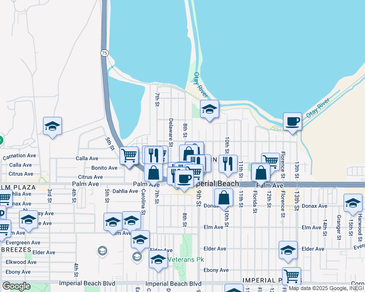 map of restaurants, bars, coffee shops, grocery stores, and more near 580 8th Street in Imperial Beach