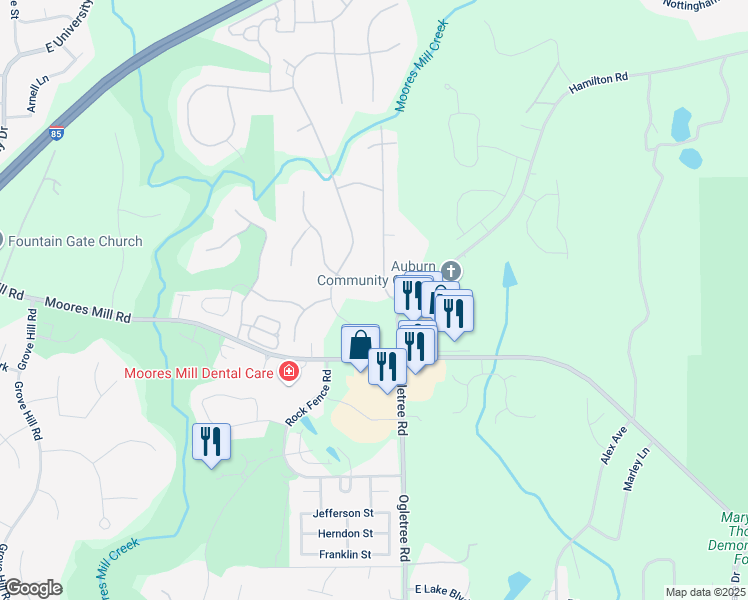 map of restaurants, bars, coffee shops, grocery stores, and more near Moores Mill Drive in Auburn