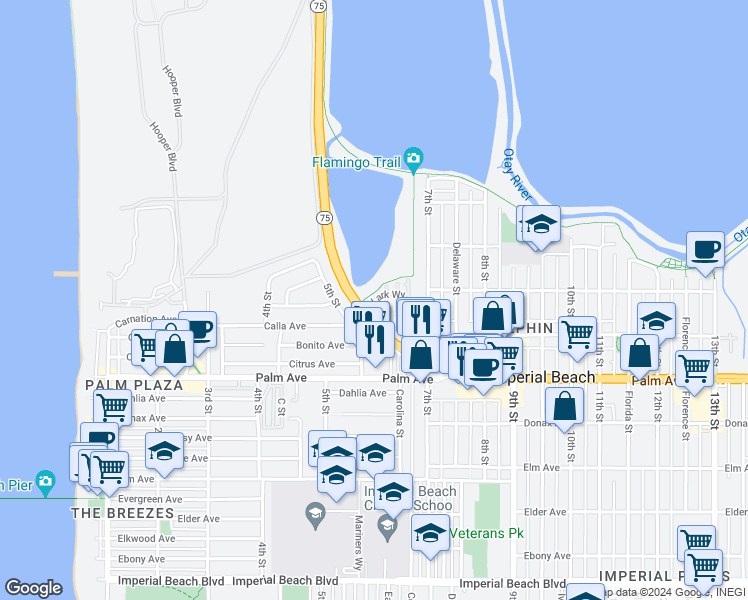 map of restaurants, bars, coffee shops, grocery stores, and more near 506 Lark Way in Imperial Beach