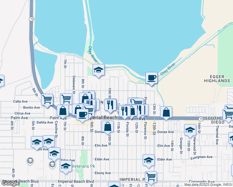 map of restaurants, bars, coffee shops, grocery stores, and more near 558 11th Street in Imperial Beach