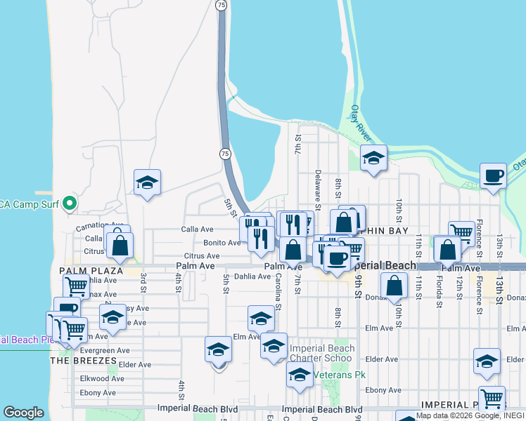 map of restaurants, bars, coffee shops, grocery stores, and more near 511 Lark Way in Imperial Beach