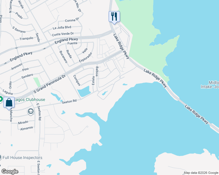 map of restaurants, bars, coffee shops, grocery stores, and more near 2633 South Grand Peninsula Drive in Grand Prairie