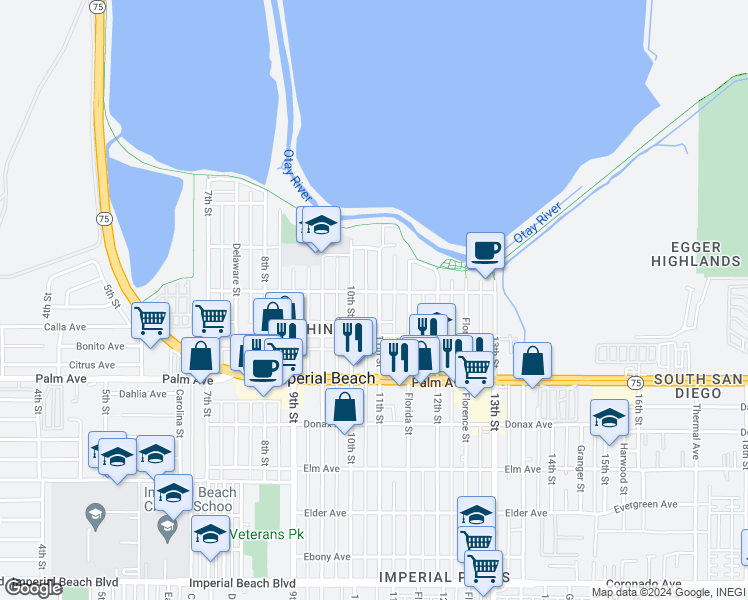 map of restaurants, bars, coffee shops, grocery stores, and more near 558 11th Street in Imperial Beach