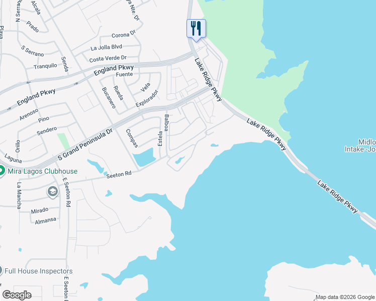 map of restaurants, bars, coffee shops, grocery stores, and more near 2633 South Grand Peninsula Drive in Grand Prairie