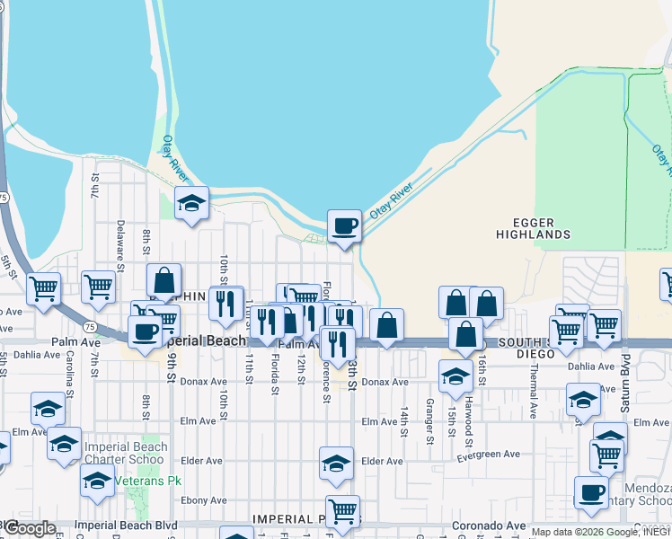 map of restaurants, bars, coffee shops, grocery stores, and more near 535 Florence Street in Imperial Beach