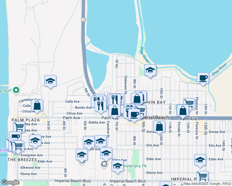 map of restaurants, bars, coffee shops, grocery stores, and more near 530 7th Street in Imperial Beach