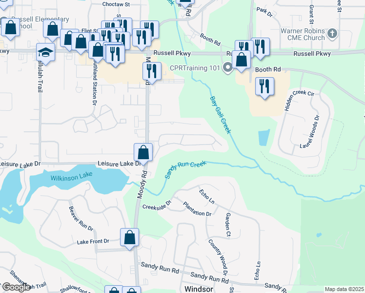 map of restaurants, bars, coffee shops, grocery stores, and more near 26 Shannon Ridge Drive in Warner Robins