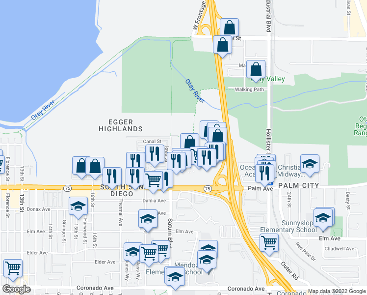 map of restaurants, bars, coffee shops, grocery stores, and more near 5 in San Diego