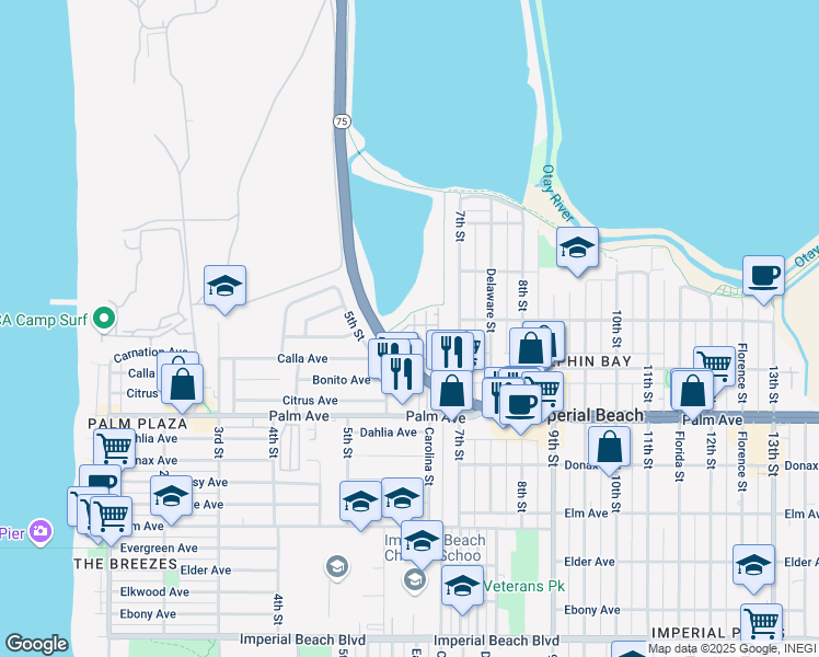 map of restaurants, bars, coffee shops, grocery stores, and more near 507 Heron Lane in Imperial Beach
