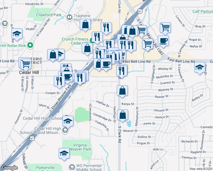map of restaurants, bars, coffee shops, grocery stores, and more near 201 South Clark Road in Cedar Hill