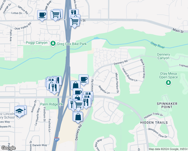 map of restaurants, bars, coffee shops, grocery stores, and more near 455 Dennery Road in San Diego