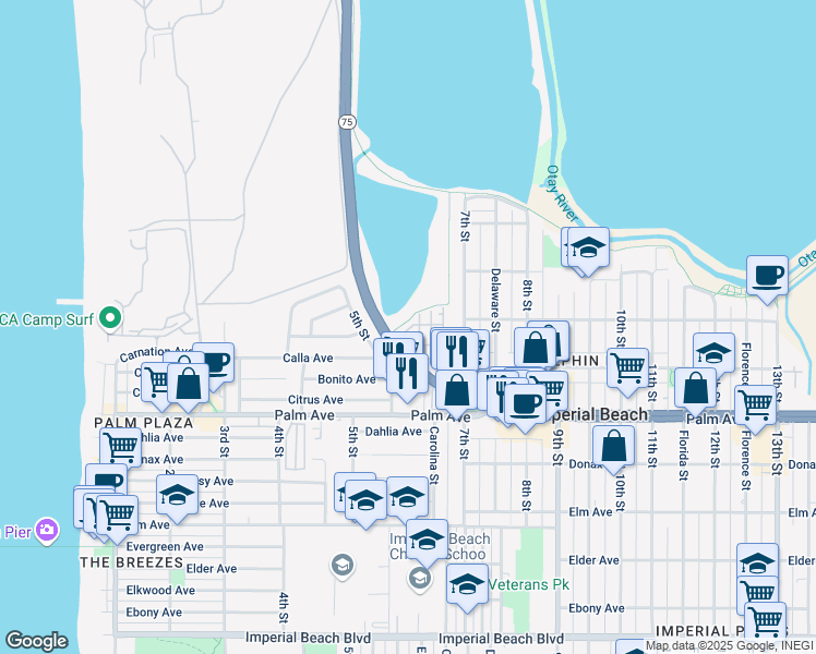 map of restaurants, bars, coffee shops, grocery stores, and more near 514 Lark Way in Imperial Beach