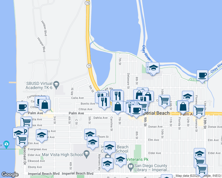 map of restaurants, bars, coffee shops, grocery stores, and more near 517 Turnstone Lane in Imperial Beach