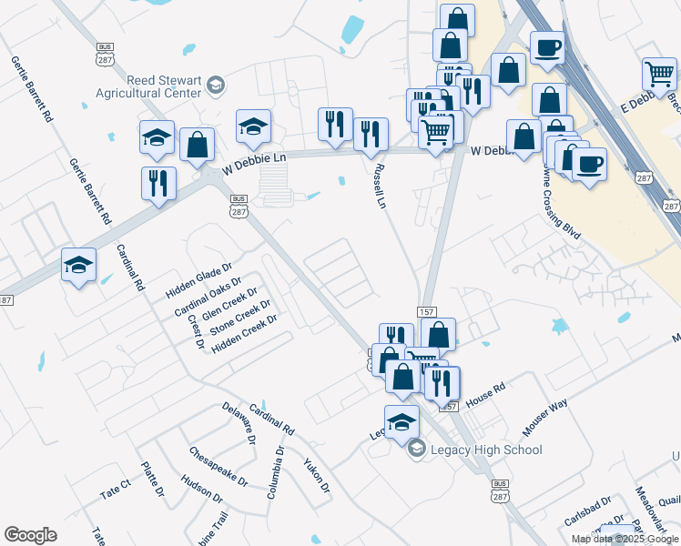 map of restaurants, bars, coffee shops, grocery stores, and more near 1550 North Main Street in Mansfield