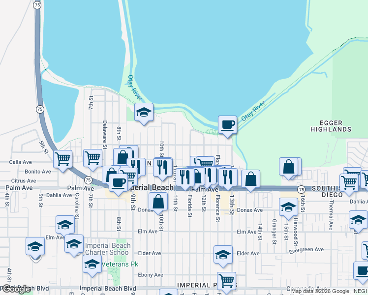 map of restaurants, bars, coffee shops, grocery stores, and more near 534 Florida Street in Imperial Beach