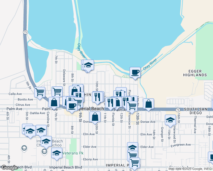map of restaurants, bars, coffee shops, grocery stores, and more near 532 11th Street in Imperial Beach