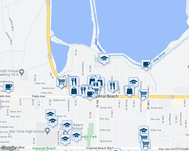 map of restaurants, bars, coffee shops, grocery stores, and more near 869 Cypress Avenue in Imperial Beach