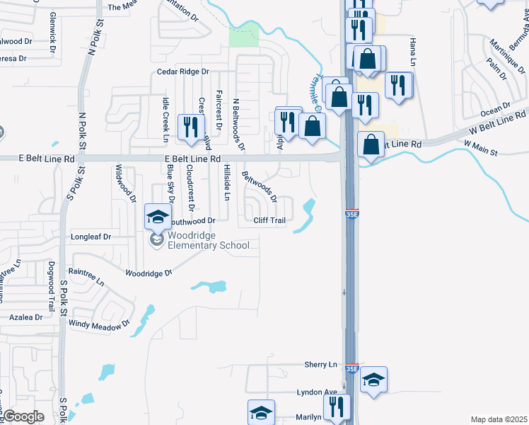 map of restaurants, bars, coffee shops, grocery stores, and more near 211 Driftwood Lane in DeSoto
