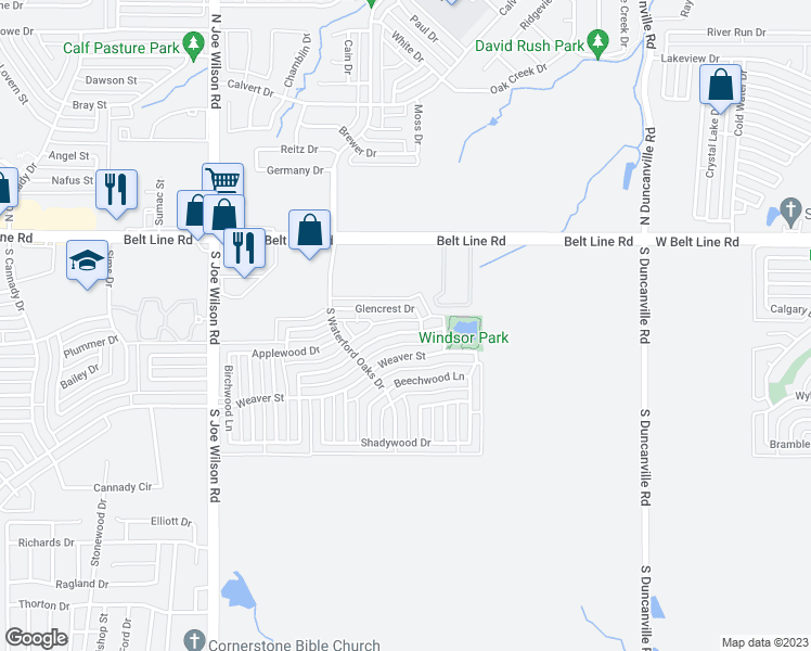 map of restaurants, bars, coffee shops, grocery stores, and more near 1041 Waterview Drive in Cedar Hill