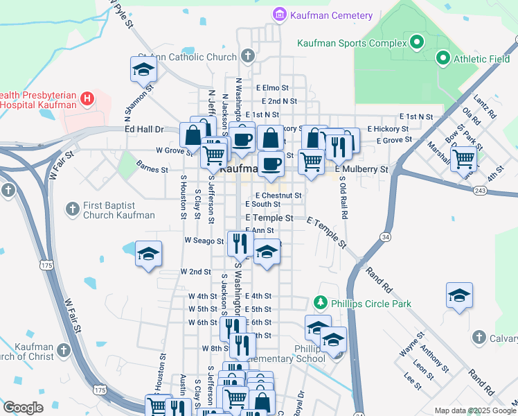 map of restaurants, bars, coffee shops, grocery stores, and more near 300 East Chestnut Street in Kaufman