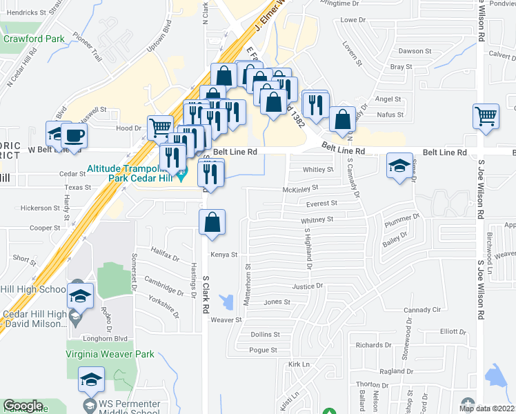 map of restaurants, bars, coffee shops, grocery stores, and more near 409 Everest Court in Cedar Hill
