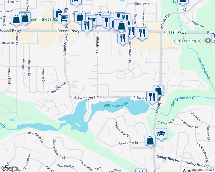 map of restaurants, bars, coffee shops, grocery stores, and more near 121 Lake Pointe Drive in Warner Robins