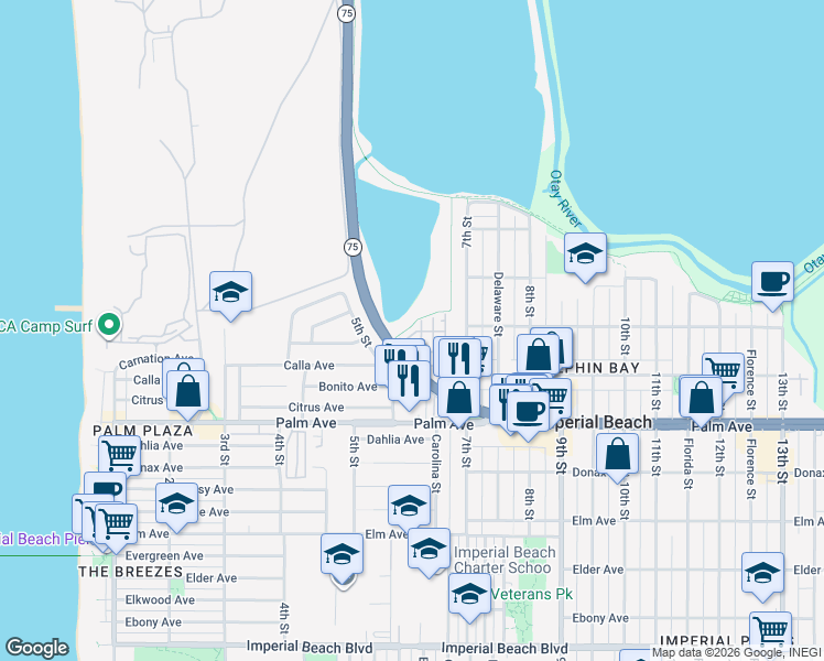 map of restaurants, bars, coffee shops, grocery stores, and more near 514 Lark Way in Imperial Beach