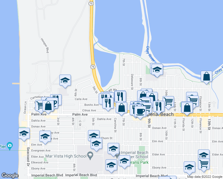 map of restaurants, bars, coffee shops, grocery stores, and more near 509 Heron Lane in Imperial Beach
