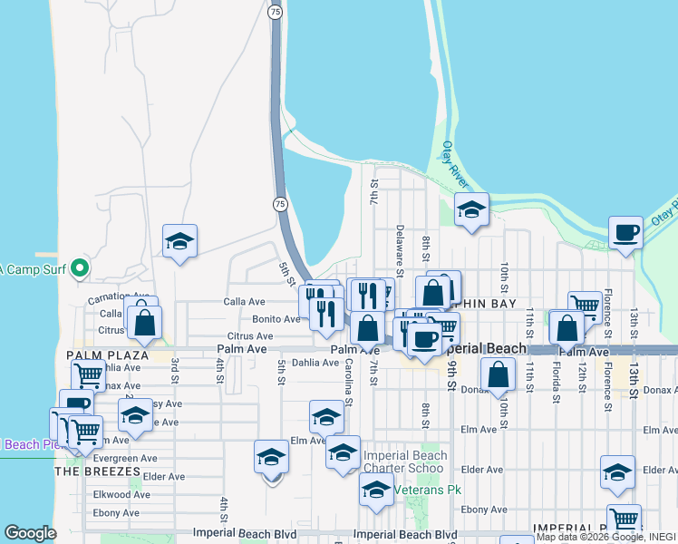 map of restaurants, bars, coffee shops, grocery stores, and more near 509 Heron Lane in Imperial Beach
