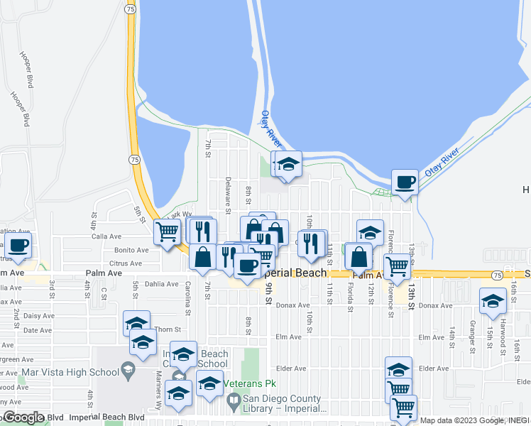 map of restaurants, bars, coffee shops, grocery stores, and more near 535 9th Street in Imperial Beach