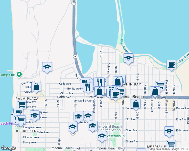 map of restaurants, bars, coffee shops, grocery stores, and more near 530 7th Street in Imperial Beach