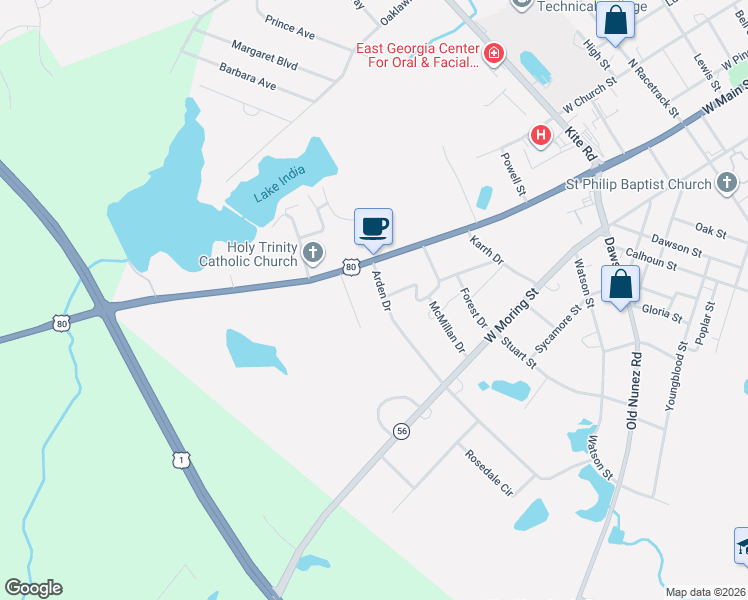 map of restaurants, bars, coffee shops, grocery stores, and more near 112 Arden Drive in Swainsboro
