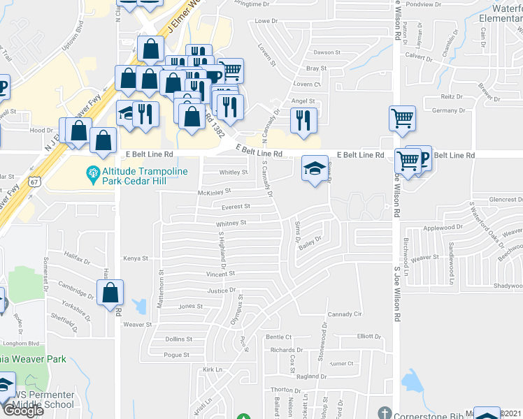 map of restaurants, bars, coffee shops, grocery stores, and more near 483 Everest Street in Cedar Hill