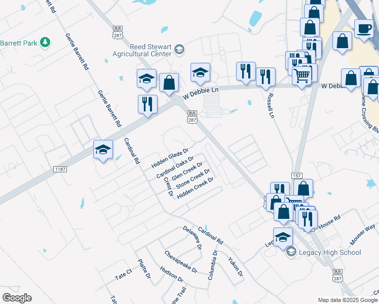 map of restaurants, bars, coffee shops, grocery stores, and more near 1100 Hidden Glade Drive in Mansfield