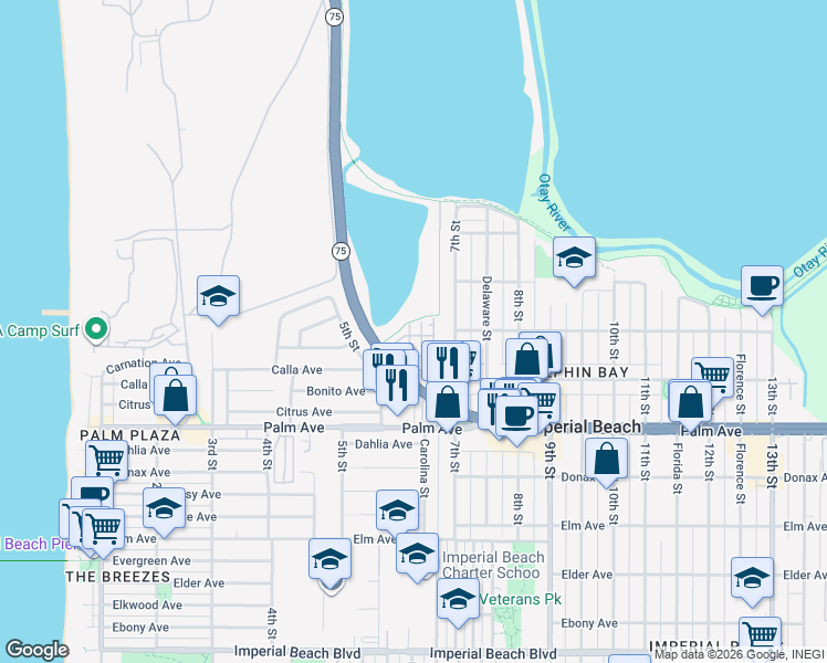 map of restaurants, bars, coffee shops, grocery stores, and more near 507 Heron Lane in Imperial Beach