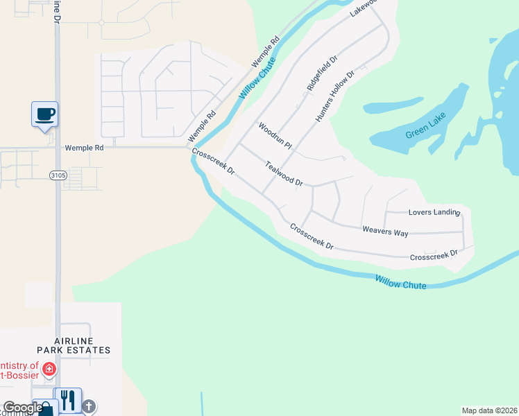 map of restaurants, bars, coffee shops, grocery stores, and more near 200 Crosscreek Drive in Bossier City