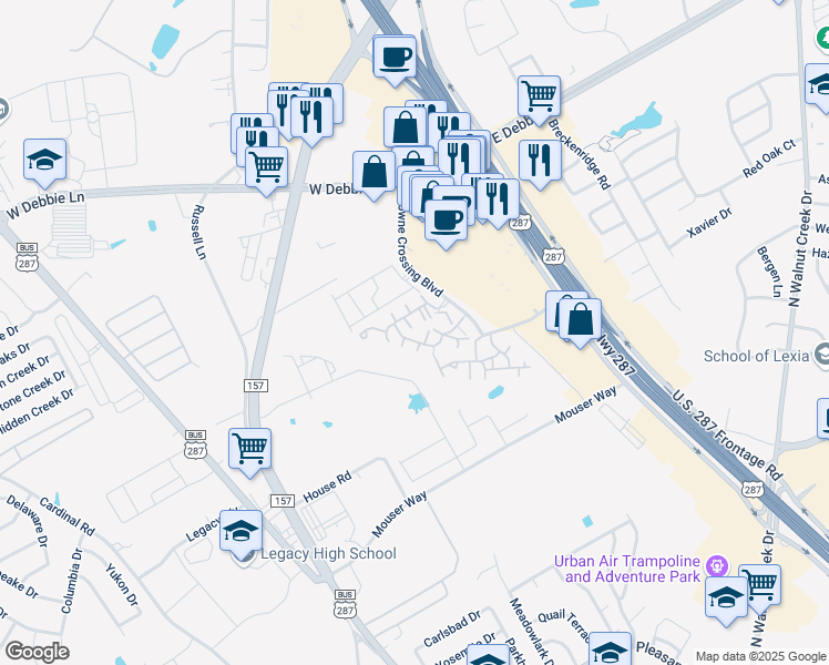 map of restaurants, bars, coffee shops, grocery stores, and more near 1701 Towne Crossing Boulevard in Mansfield
