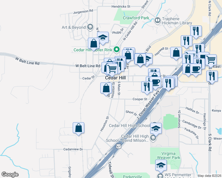 map of restaurants, bars, coffee shops, grocery stores, and more near 301 South Broad Street in Cedar Hill