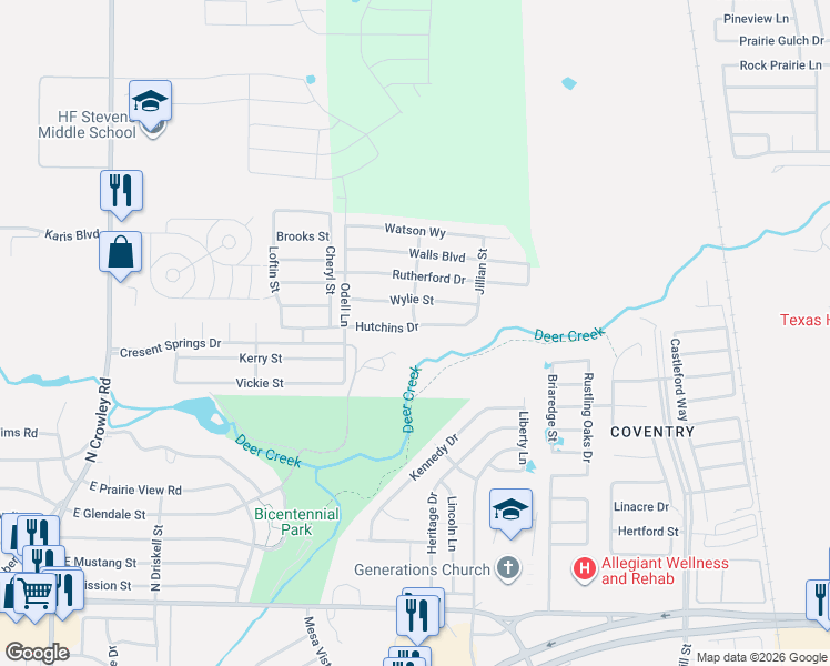 map of restaurants, bars, coffee shops, grocery stores, and more near 745 Hutchins Drive in Crowley