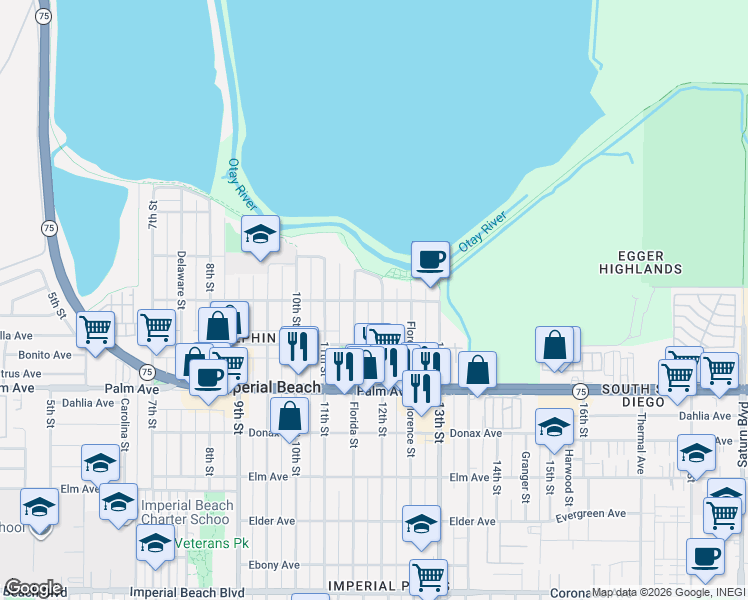 map of restaurants, bars, coffee shops, grocery stores, and more near 525 12th Street in Imperial Beach